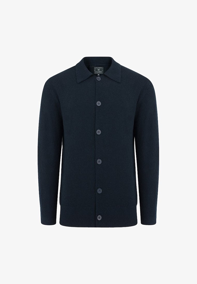 Granatowy kardigan wykonany z miękkiego materiału, z kołnierzykiem, długimi rękawami i sześcioma guzikami z przodu.