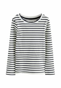 Langärmliges, geripptes Shirt mit weißen und schwarzen horizontalen Streifen, Rundhalsausschnitt, flach auf weißem Hintergrund ausgebreitet.