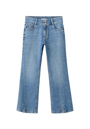 Jeans in denim azzurro chiaro con gambe larghe, due tasche frontali, una tasca porta monete, passanti per cintura e chiusura con doppio bottone in vita.