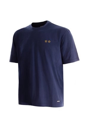 Donkerblauw T-shirt met korte mouwen, twee kleine gele sterren op de linkerborst en een klein wit COBA-logo bij de zoom.