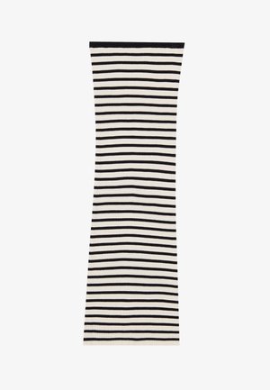 Sort-hvid stribet ribbet kjole med en tætsiddende form, der har vandrette striber og en ensfarvet sort halsudskæring.