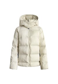 Daunenjacke in Off-White, mit Reißverschluss vorne, Kapuze und gerippten Bündchen. Glatte Textur mit einem kastigen, gesteppten Muster und blauen Akzentdetails.