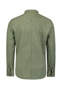 Grünes gemustertes Langarmhemd mit einem knöpfbaren Kragen, das aus einem strukturierten Stoff besteht und verstellbare Manschettenschlüsse hat. Die Rückansicht zeigt vertikale Nähte.