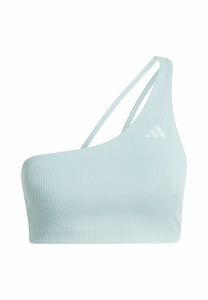 Top corto acanalado azul claro con diseño de un hombro y tirantes finos, que presenta un pequeño logo blanco en el pecho. Textura suave.