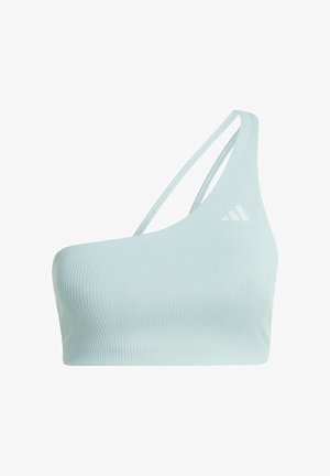 Top corto acanalado azul claro con diseño de un hombro y tirantes finos, que presenta un pequeño logo blanco en el pecho. Textura suave.