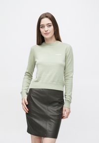 Svetlo zelena pletena majica z rebrastimi manšetami in robom, okrašena z logotipom znamke. Kombinirana s temno usnjeno svinčnikasto krilo.