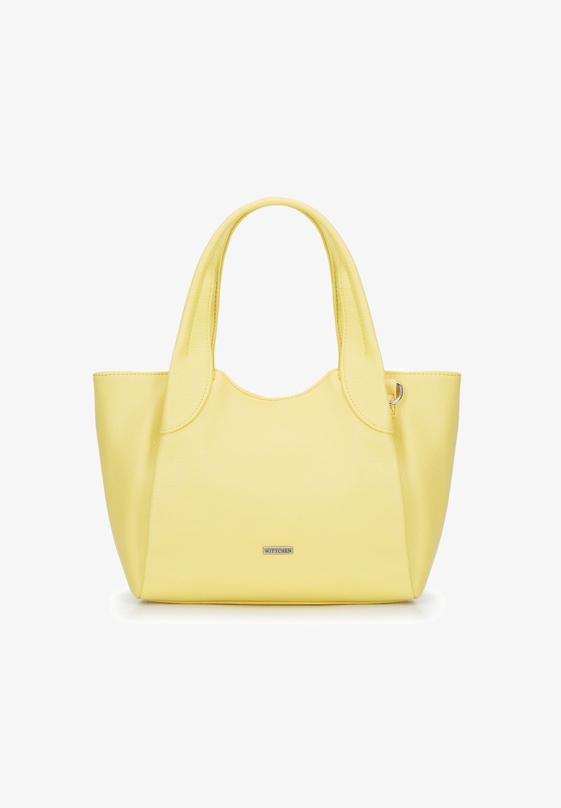 Borsa a spalla gialla in pelle con texture liscia, manici arrotondati e un accento logo argento sul davanti. Design compatto e strutturato.