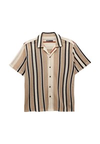 Korte ærmer knap-op skjorte lavet af mesh stof, med horisontale striber i beige, brunt og sort, med krave og mørke knapper.