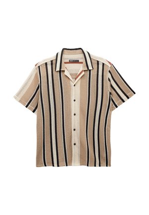 Lyhythihainen nappikauluspaita, joka on valmistettu verkkomateriaalista. Paidassa on vaakasuoria raitoja vaaleanbeigessä, ruskeassa ja mustassa, sekä kaulus ja tummat napit.