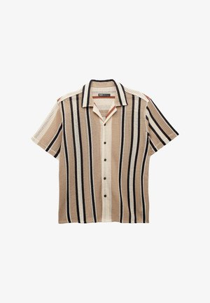 Lyhythihainen nappikauluspaita, joka on valmistettu verkkomateriaalista. Paidassa on vaakasuoria raitoja vaaleanbeigessä, ruskeassa ja mustassa, sekä kaulus ja tummat napit.