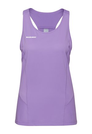 Débardeur de sport violet sans manches avec dos nageur et logo blanc "Mammut" sur le haut gauche de la poitrine.