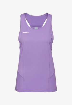 Débardeur de sport violet sans manches avec dos nageur et logo blanc "Mammut" sur le haut gauche de la poitrine.