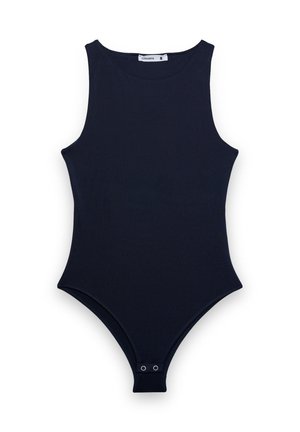 Body senza maniche nero con scollo rotondo e chiusure a scatto all'incavo delle gambe, taglia small, etichetta "Terranova" visibile.