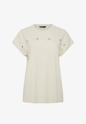 Hellbeiges Kurzarmoberteil mit rundem Halsausschnitt und Druckknopfdetails über Brust und Ärmeln, lockere Passform.