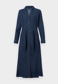 Denimskjortekjole i mørkeblå; har lange ærmer, knaplukning foran og krave. Vidt design med lodrette syninger og en mid-længde længde.