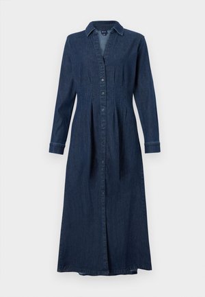 Denim overhemdjurk in donkerblauw; heeft lange mouwen, een knoopsluiting aan de voorkant en een kraag. Uitlopende stijl met verticale naden en een midilengte snit.