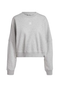 Grå kortärmad sweatshirt gjord av mjukt material. Har en rund halsringning, långa ärmar och en liten vit logotyp på bröstet.