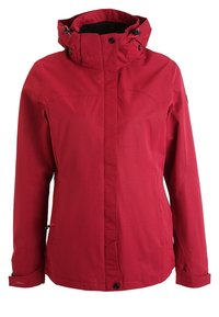 Veste imperméable rouge avec un col montant, une capuche amovible, une fermeture éclair frontale recouverte d’un rabat à boutons et des poignets ajustables.