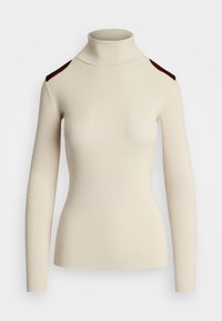 Krémový žebrovaný svetr s rolákem a dlouhými rukávy, s tmavě hněd ými ramenními nášivkami, přiléhavý silueta.