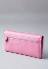 Pink leather wallet with a smooth texture, featuring a zippered pocket and a clean design. Dimensions suggest a slim rectangular shape.