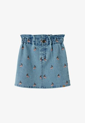 Helehelesinine teksaseelik kogutud vöökohaga ja väikeste roosade kirsside tikanditega üle kogu pinna, keskel nööp ja õmmeldud äär.