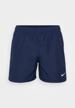 Marineblaue Sportshorts mit einem elastischen Bund und einem weißen Nike-Logo auf der unteren rechten Vorderseite. Glatter, leichter Stoff.