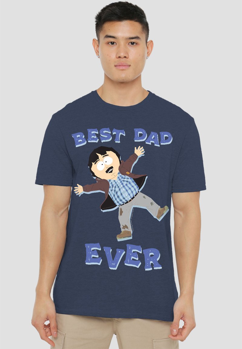 Navy T-shirt featuring a graphic of a cartoon character in a brown jacket and plaid shirt, with blue text reading "BEST DAD EVER."