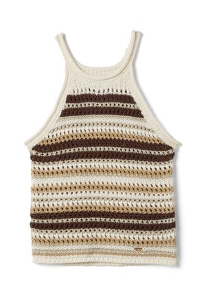 Gehäkeltes ärmelloses Tanktop mit horizontalen Streifen in Creme, Braun, Beige und offenem Strickmuster.