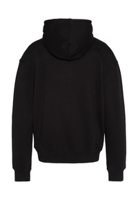 Felpa nera con cappuccio con coulisse, maniche lunghe e polsini a costine. Tessuto dalla texture liscia e vestibilità comoda. Nessun logo o dettaglio visibile.