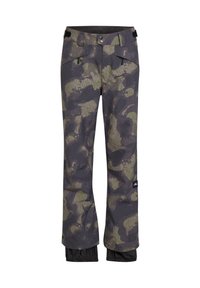 Pantalon d'extérieur à motif camouflage avec poches avant zippées, sangles de taille ajustables et poignets intérieurs élastiqués pour les sports d'hiver.