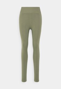 Olivgröna leggings tillverkade av elastiskt material, med en ribbad midjeband och slät textur, som har en åtsittande passform längs benen.