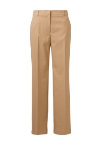 Pantaloni beige realizzati in tessuto liscio, con un taglio dritto, tasche laterali e una vita classica con passanti per la cintura.