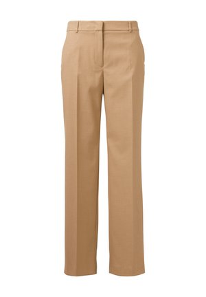 Beige broek van gladde stof, met een recht gesneden pijp, zijzakken en een klassieke tailleband met riemlussen.