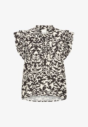 Czarna i biała bluzka z krótkim rękawem z kwiatowym wzorem, falbaniaste rękawy, kołnierzyk mandaryński oraz luźny krój.