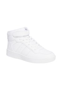 Sneakers bianchi alto in materiale sintetico liscio, dotati di una chiusura in velcro, lacci e una suola in gomma texturizzata con sottili strisce laterali.