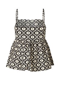 Un haut sans manches à motifs floraux noir et blanc avec des fines bretelles et un détail froncé à la taille.