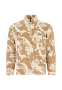 Fleece pullover i tan og crème med lynlås ved halsen, prydet med et tribal-mønster og en brystlomme med et logo-patch. Blødt, struktureret stof.