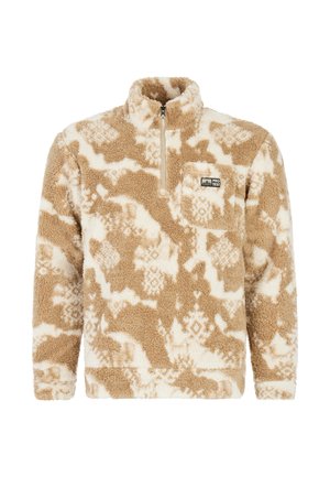 Fleece pullover in tan en crème met een ritsnek, voorzien van een tribale patroon en een borstzak met een logopatch. Zacht, gestructureerde stof.