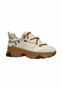 Chunky sneaker met een beige mesh bovenwerk, slangenprintdetails, bruine accenten en een textuurrubberzool voor grip.