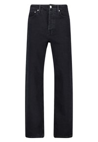 Mustat farkut, jotka on valmistettu denimistä, suoran lahkeen leikkauksella. Niissä on napitettava sulku, viisi taskua ja hienovarainen saumaus.