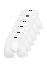 White cotton boxer briefs, featuring a black waistband with logo. Smooth texture, fitted design, front pouch, five pairs displayed in a row.