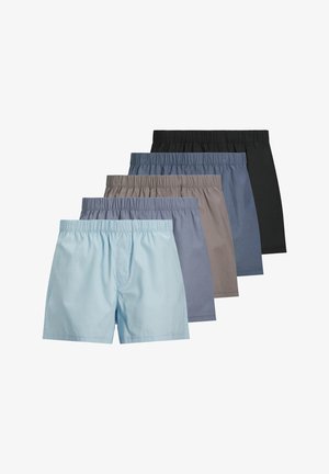 Set di cinque paia di pantaloni corti da uomo in diverse colorazioni: azzurro chiaro, grigio, grigio scuro, blu navy e nero. Tessuto di cotone morbido con vita elastica.