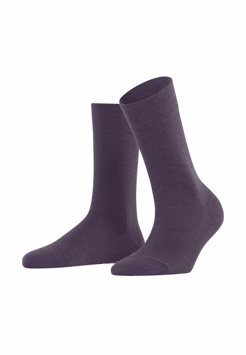 Calze di cotone viola con una texture liscia e altezza fino al polpaccio. Presentano una punta e un tallone rinforzati per una maggiore durata.