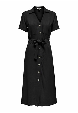 Črna midi srajčna obleka s kratkimi rokavi, z gumbi spredaj, dvema prsničnima žepoma in pasom, ki se zaveže v vozliček.
