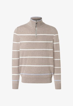 Beige gebreide trui met witte horizontale strepen, een hoge kraag en een korte rits aan de voorkant.