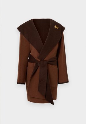 Brown wrap robe featuring a wide collar, belted waist, two front pockets, and contrasting darker accents on the cuffs and collar.