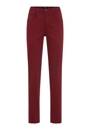 Rote Denim-Hose mit figurbetonendem Design, fünf Taschen, metallischem Knopfverschluss und leicht dehnbarem Stoff für zusätzlichen Komfort.