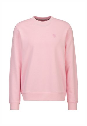 Hellrosa langärmiges Sweatshirt mit Rundhalsausschnitt, Rippbündchen an Ärmeln und Saum, mit einem kleinen geprägten Logo auf der linken Brust.