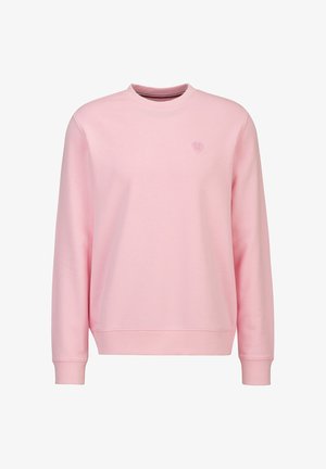 Hellrosa langärmiges Sweatshirt mit Rundhalsausschnitt, Rippbündchen an Ärmeln und Saum, mit einem kleinen geprägten Logo auf der linken Brust.