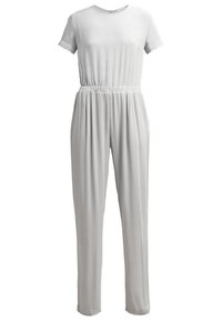 Jasnoszary kombinezon z krótkimi rękawami, elastycznym pasem i luźnymi nogawkami. Miękka tkanina z delikatną teksturą i swobodnym krojem.